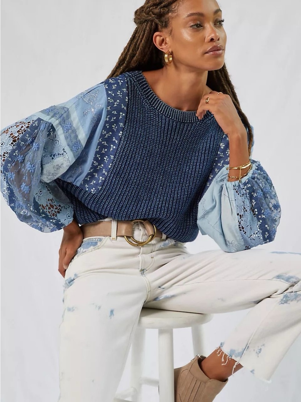 Anthropologie Martine Peasant Sleeve Sweater Mixed Media Knit Floral Lace Blue M